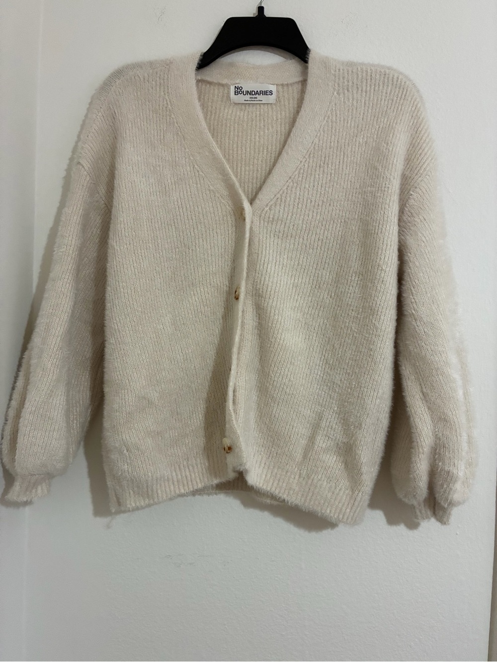 No Boundaries Cream Fuzzy V-Neck Button Front Cardigan